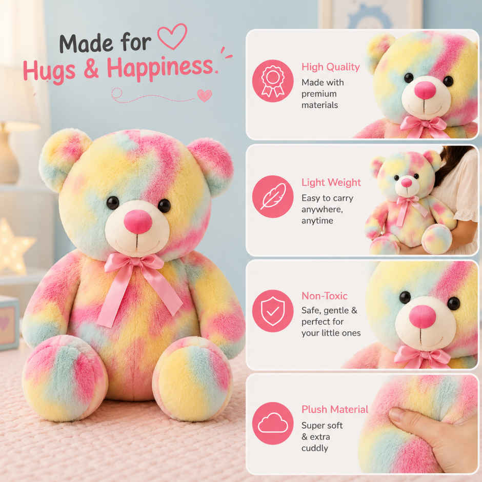 ToyTales Rainbow Teddy Bear Soft Toy | Plushie Stuffed Animal Toys | Birthday Gift for Kids | MultiColor | 45cm