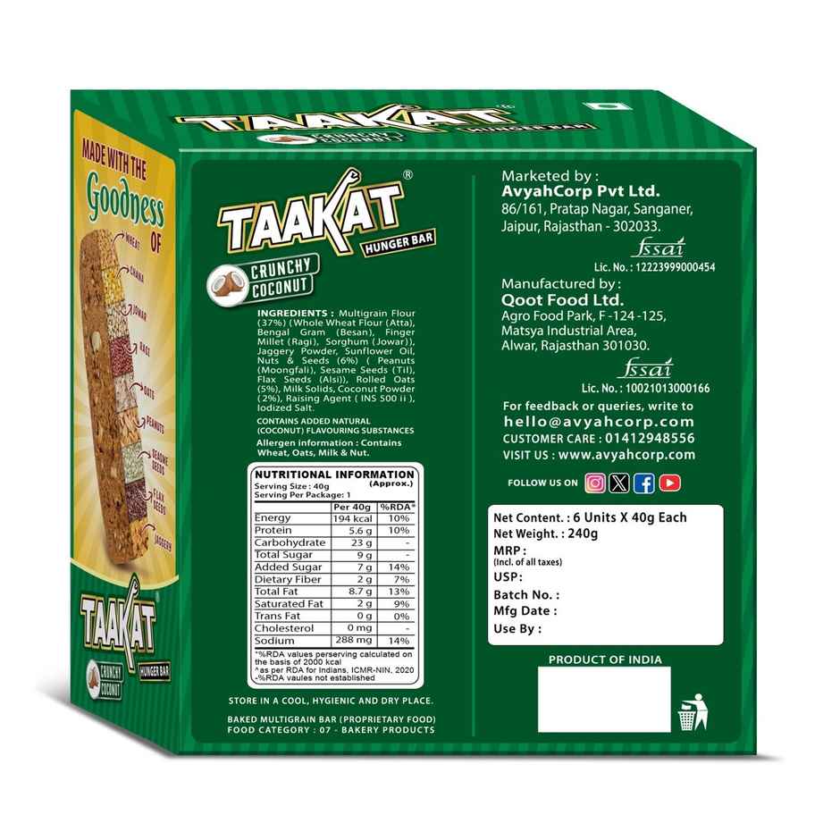 Taakat Hunger Bar | Crunchy Coconut | Pack Of 6