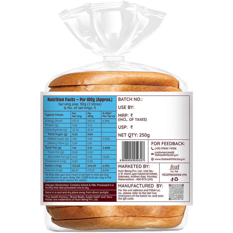 The Health Factory Milk Bread | Zero Maida | Source of Calcium & Fibre | Whole Wheat Bread