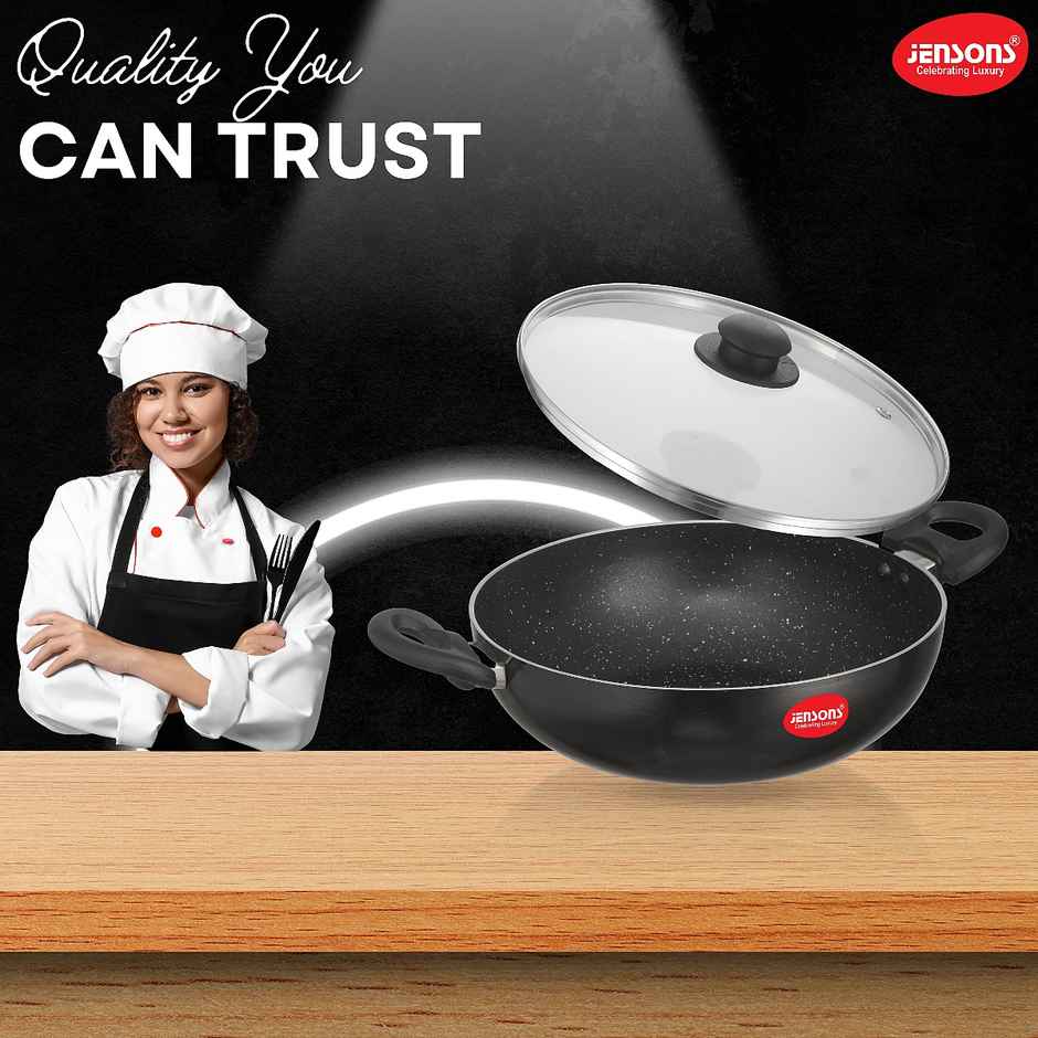 Jensons Cuisine Non-Stick Kadhai | 24 cm | Glass Lid | Induction Compatible
