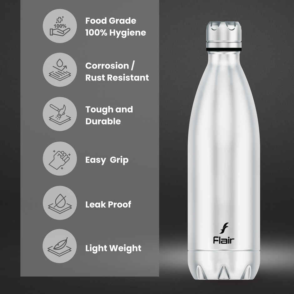 Flair Thermosteel Triumph | 1 L | Insulated Bottle | Silver & Black | Keeps Drinks Hot For 12 Hours