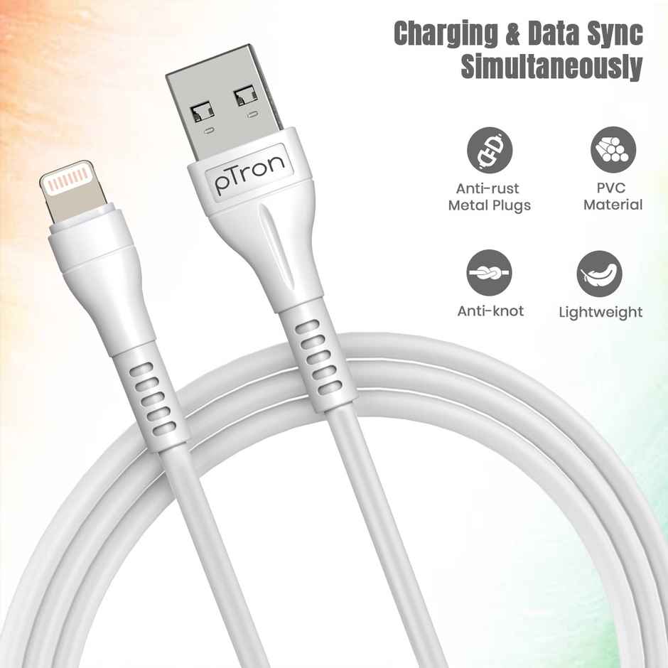 pTron Solero i241 Fast Charging 2.4A USB to iOS Cable( USB to Lightning )Data Transfer & 1m Tangle-Free Cable - White