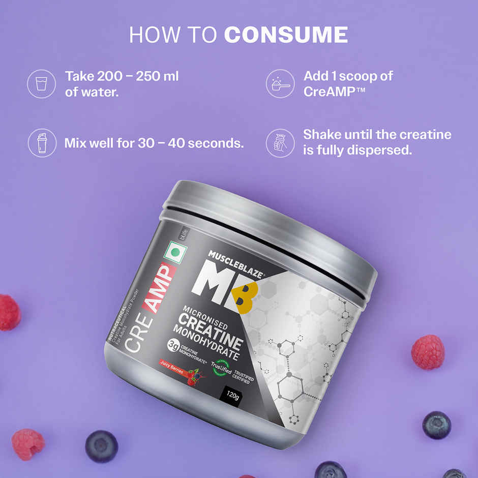 MuscleBlaze Micronised Creatine Monohydrate CreAMP Powder Juicy Berries | 30 Servings