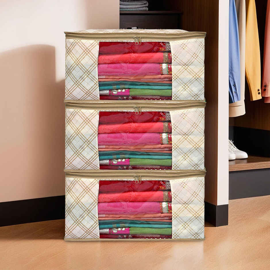 Kuber Industries Pack of 3 Non-Woven Saree Covers with Zip | Organizer for Saree & Lehenga | Cream