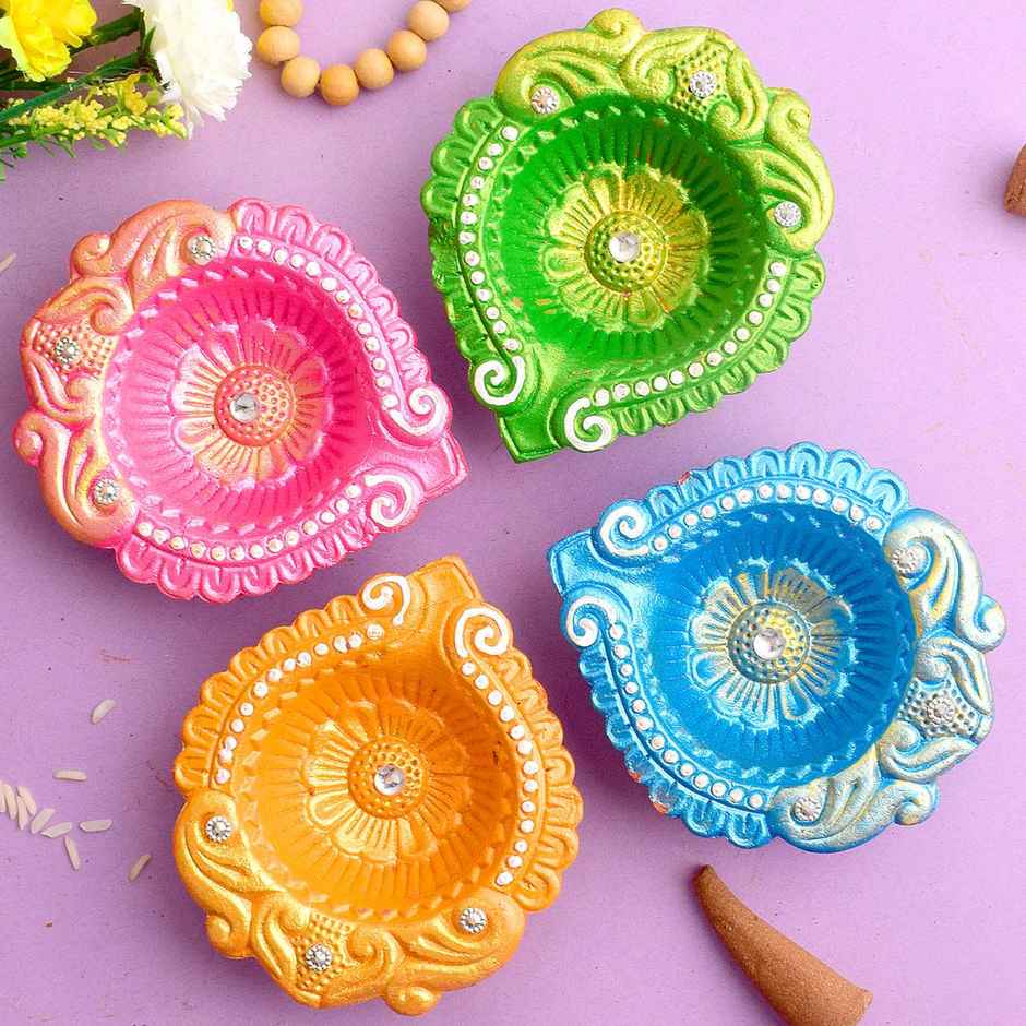 Designer Multicolor Clay Diya | Pack of 4 | Satvik