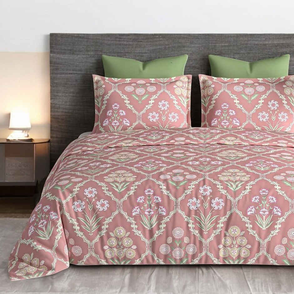 Furnofy Premium King Size Jaipuri Bedsheet | With 2 Pillow Covers | Light Pink & Green, 108x108in