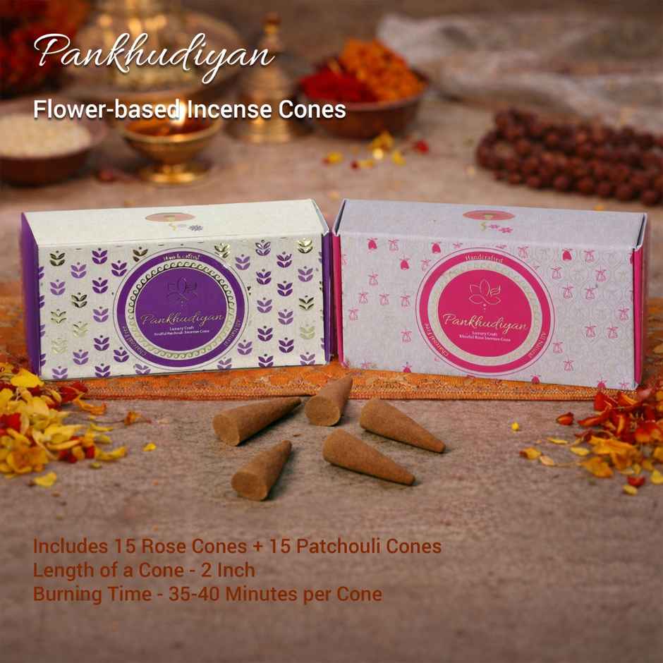 Pankhudiyan Premium Flower based Incense Cones - Rose & Patchouli (Monthly Pack)