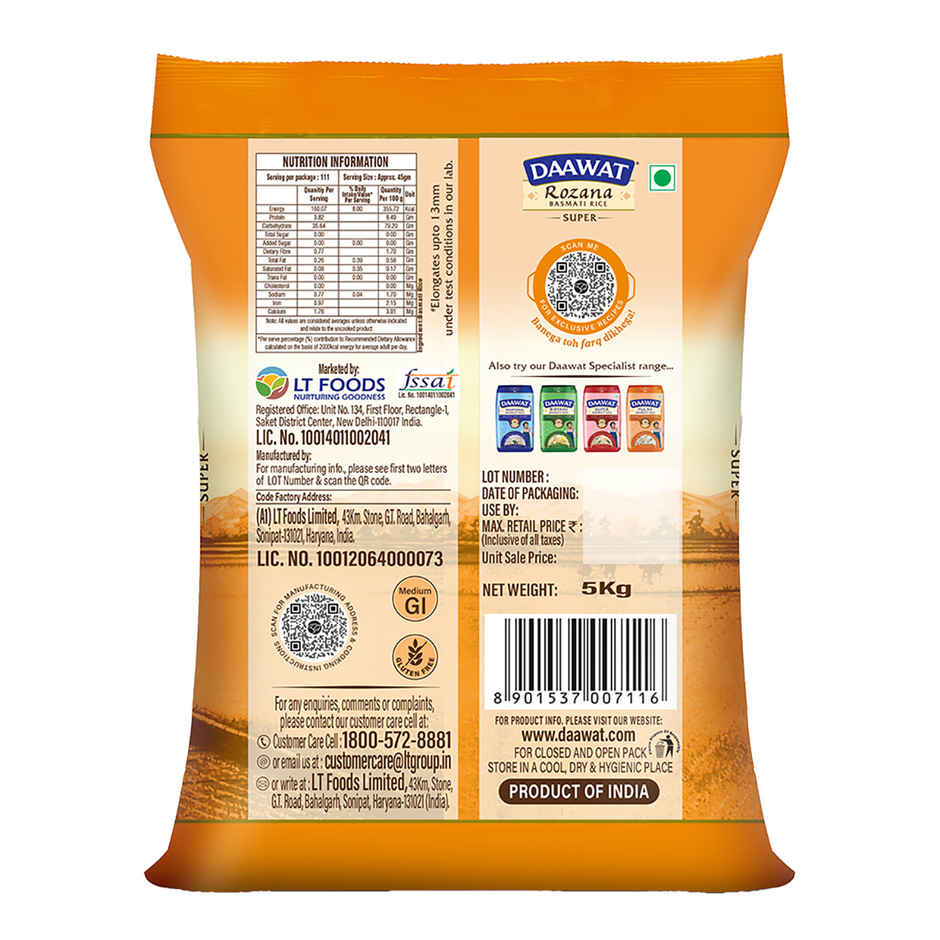 Saffola Gold Oil (Pouch) 1 l * 3 & Daawat Rozana Basmati Rice Super 90 5 kg with 1 kg Sugar Free
