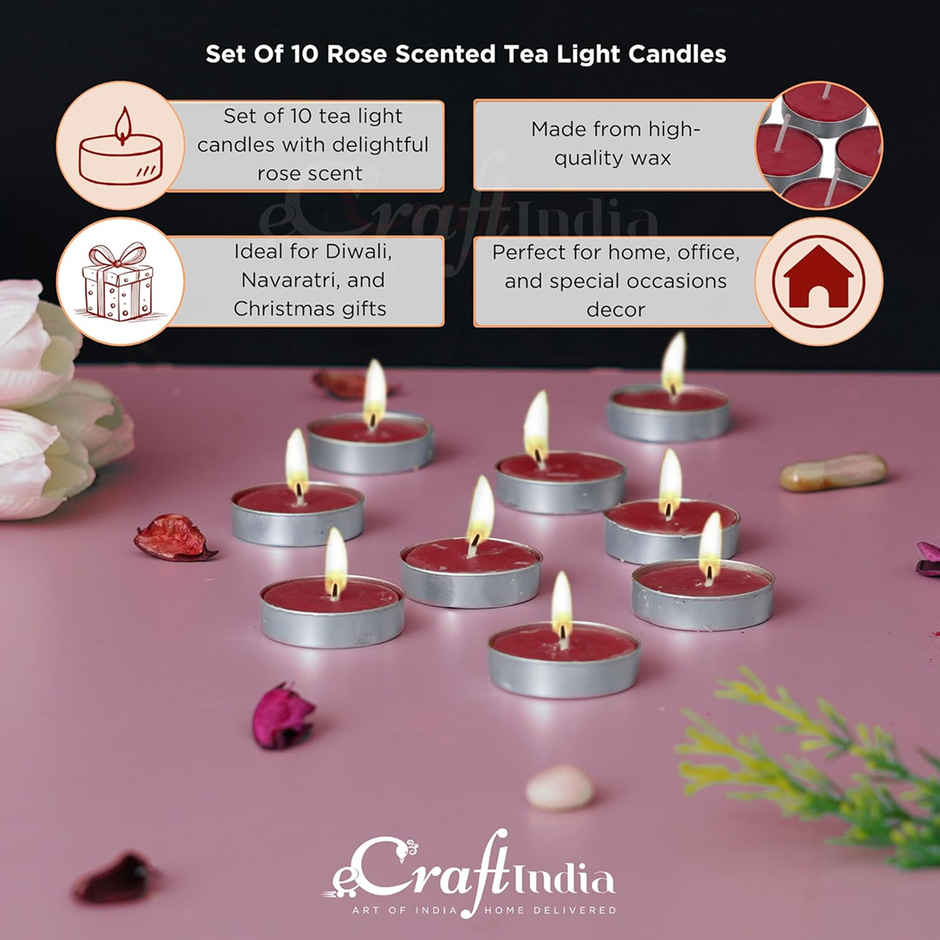 Scented Tea Light Candles | Rose | Pack of 10 | eCraftIndia