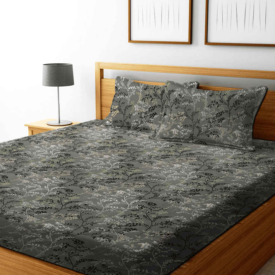 Dream Living Microspread Leafy | 135 Gsm King Size Bedsheet With 2 Pillow Covers | Grey