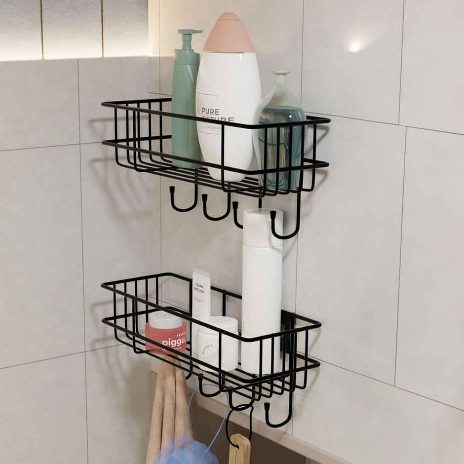 Lifelong Bathroom Shelf For Storage - Wall Mounted Washroom Rack Towel Holder Pack Of 2 - Black
