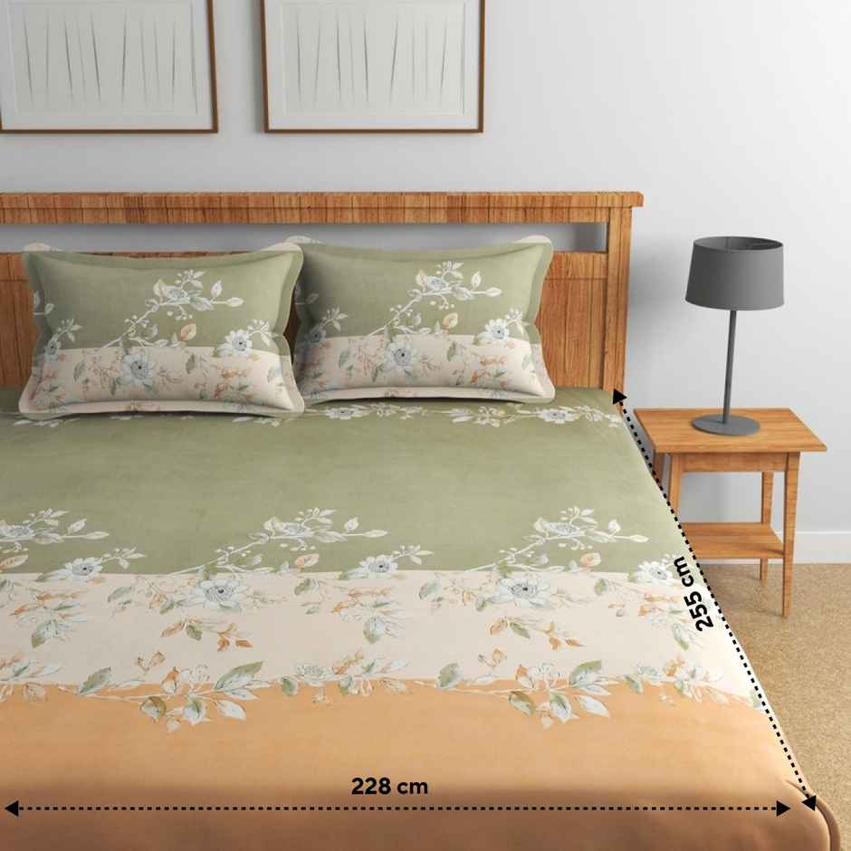 Florida Elastic Fitted Double Poly-Cotton Floral Bedsheet, 2 Pillow Covers | Beige&Green, 90x100in