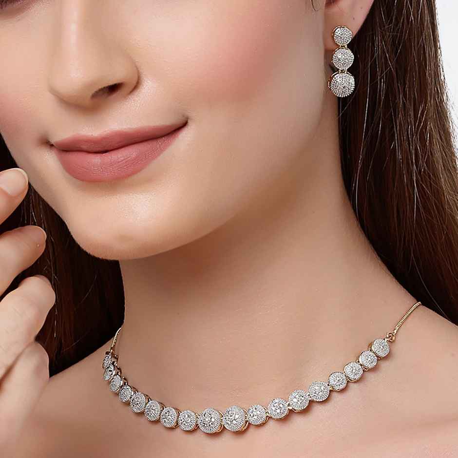 Zeneme Gold-Plated White AD-Studded Jewellery Set For Women & Girls