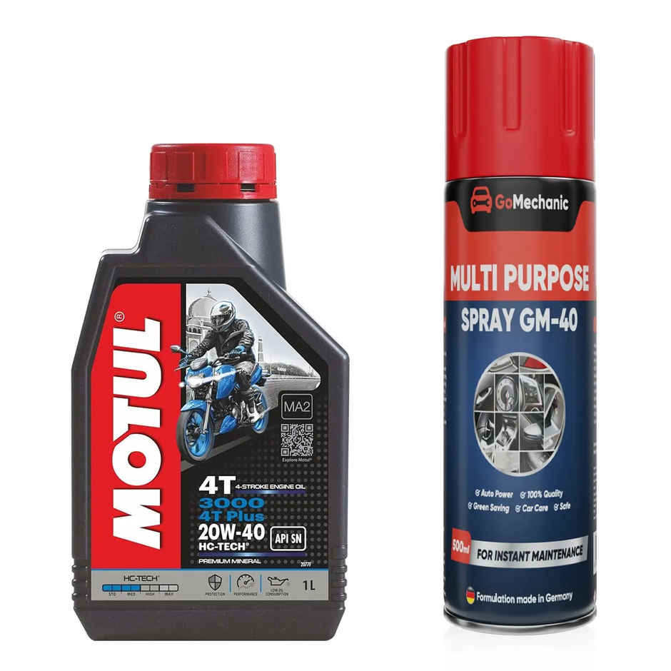 Motul 3000 4T Plus 20W40 Api Sn Hc Tech Engine Oil For Bikes | 1L (1l) & Gomechanic Multipurpose Lubricant Spray 400Ml-Advanced Formula For Rust Prevention (1pc) Combo