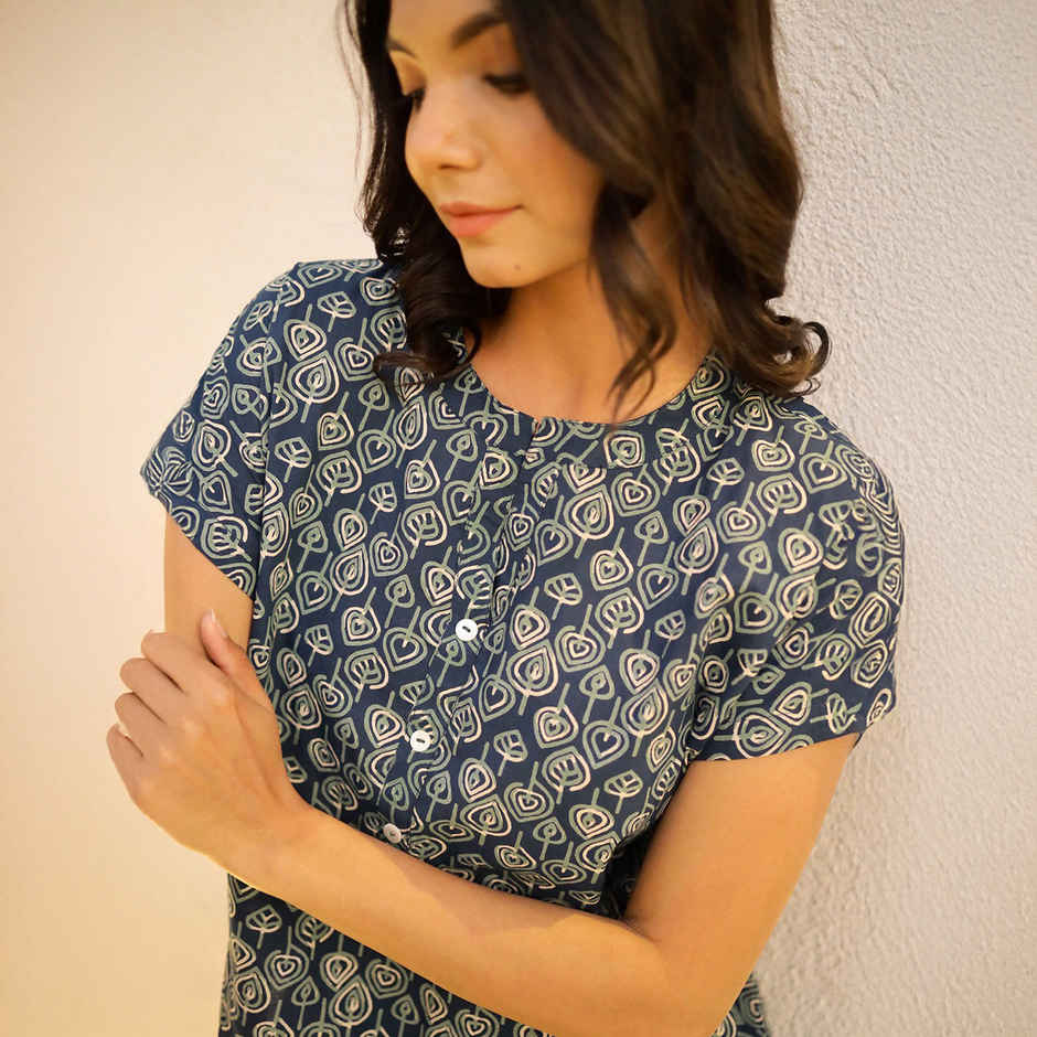 Sanskrutihomes Women's Printed Pure Cotton Night Suit | Navy Blue - L