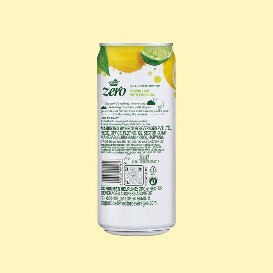 Paper Boat Zero Prebiotic Soda Lemon Lime, 5g Fibre, Caffeinated Sugar Free Cold Drink