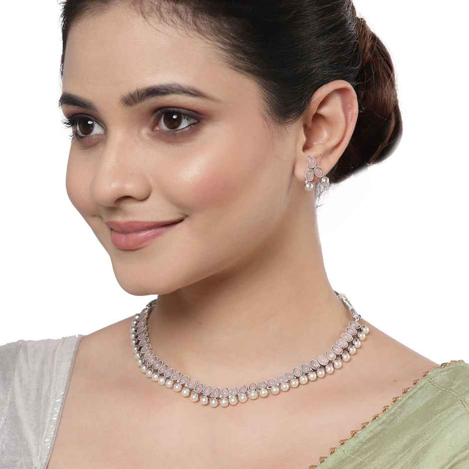 Zeneme Oxidised Silver Traditional Pink CZ Necklace With Earrings Jewellery For Women & Girls
