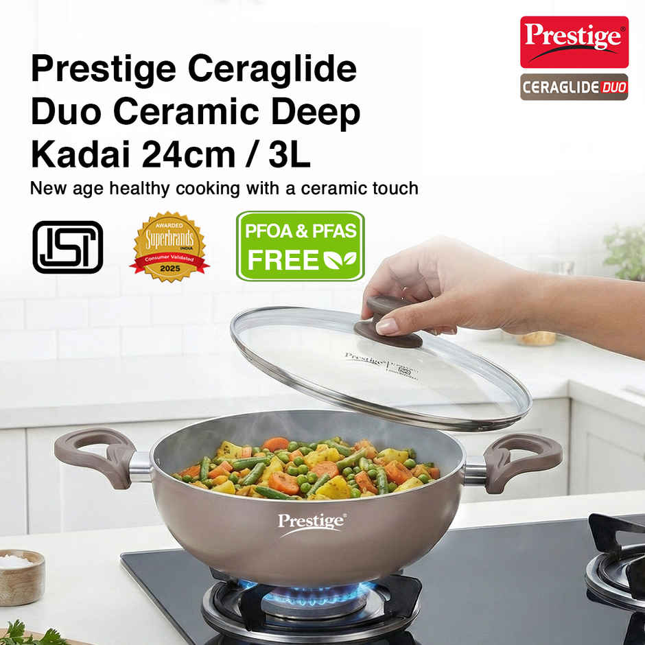 Prestige Ceraglide Duo Deep Kadai with Lid | 24 cm | Non-Stick Ceramic Coating