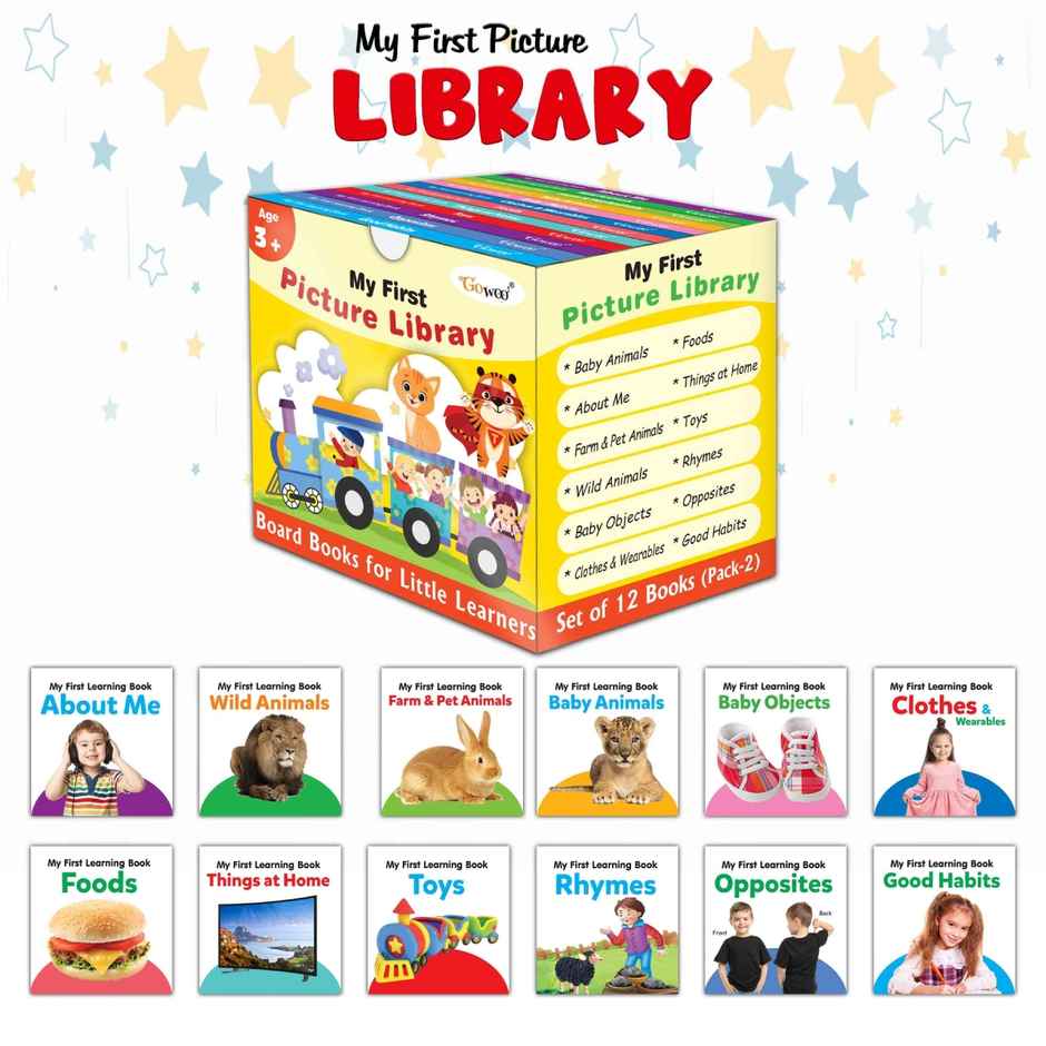 My First Picture Library Box of 12 | Pre-school Books-gift for Kids in Yellow -learning Board Books