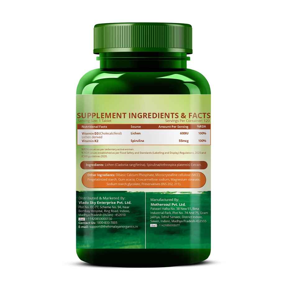 Vlado's Himalayan Organics Vitamin D3 600 IU as MK7 Supplement 120 VEG Tablets