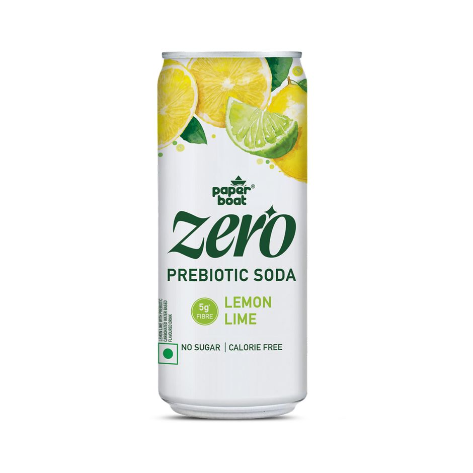 Paper Boat Zero Prebiotic Soda Lemon Lime, 5g Fibre, Caffeinated Sugar Free Cold Drink