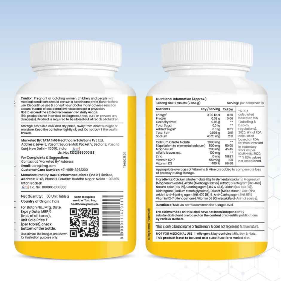 Tata 1mg Calcium & Vitamin D3 Supplement 60 Tablets