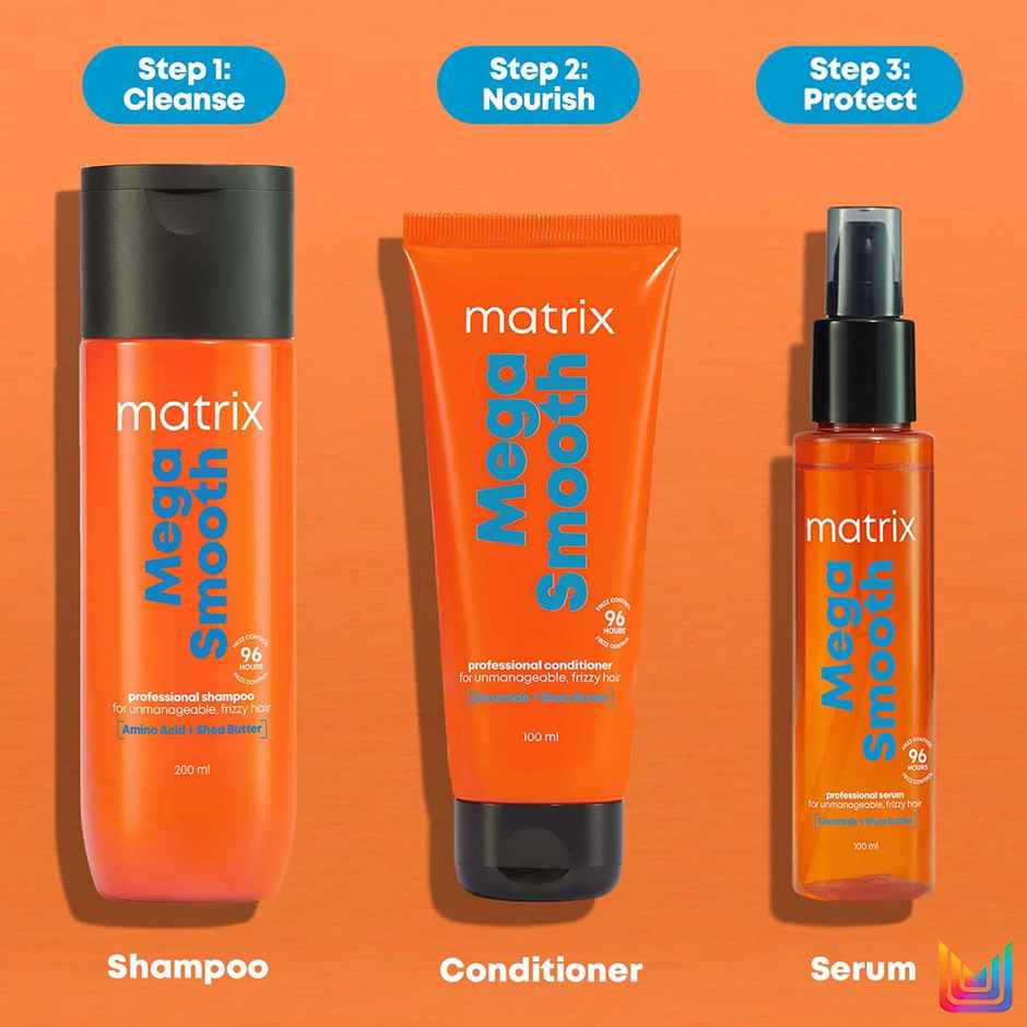 Matrix Mega Smooth Shampoo Conditioner Combo, Defy Frizz For 4 Days, For All Hair Type, Paraben-free