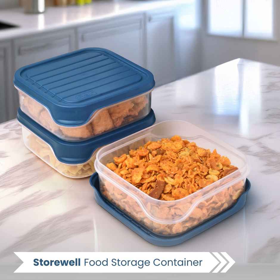 Flair Plastic Storewell Square Food Storage Containers 550Ml - Set Of 3, (Blue), Food Grade