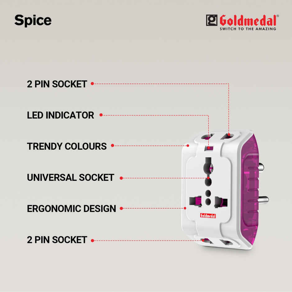 Goldmedal Spice 3 Pin 240V Multi Plug Socket LED Indicator | Supports 2&3-Pin Plugs