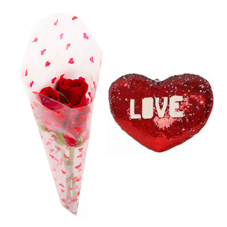 Hoovu Valentines Bunch Of 3 Roses(1pc) & Dearjoy Love Heart - Red | 30 Cm(1pc) Combo