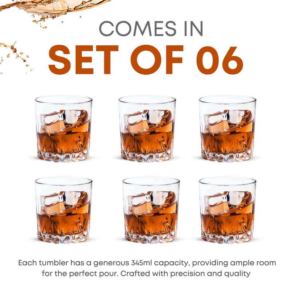 Classic Whisky Glass Tumbler Set | Durable Premium Clarity | 6 pc | 350 ml | Yera Glassware