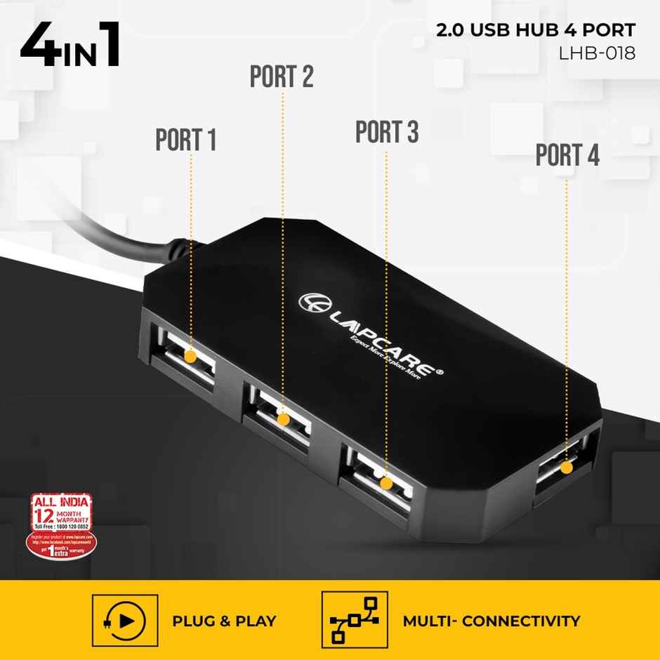 Lapcare 4-Port Hub, Usb 2.0 , Support Data Transfer Rate 1.5/12/480Mb/S With 1Meter Cable