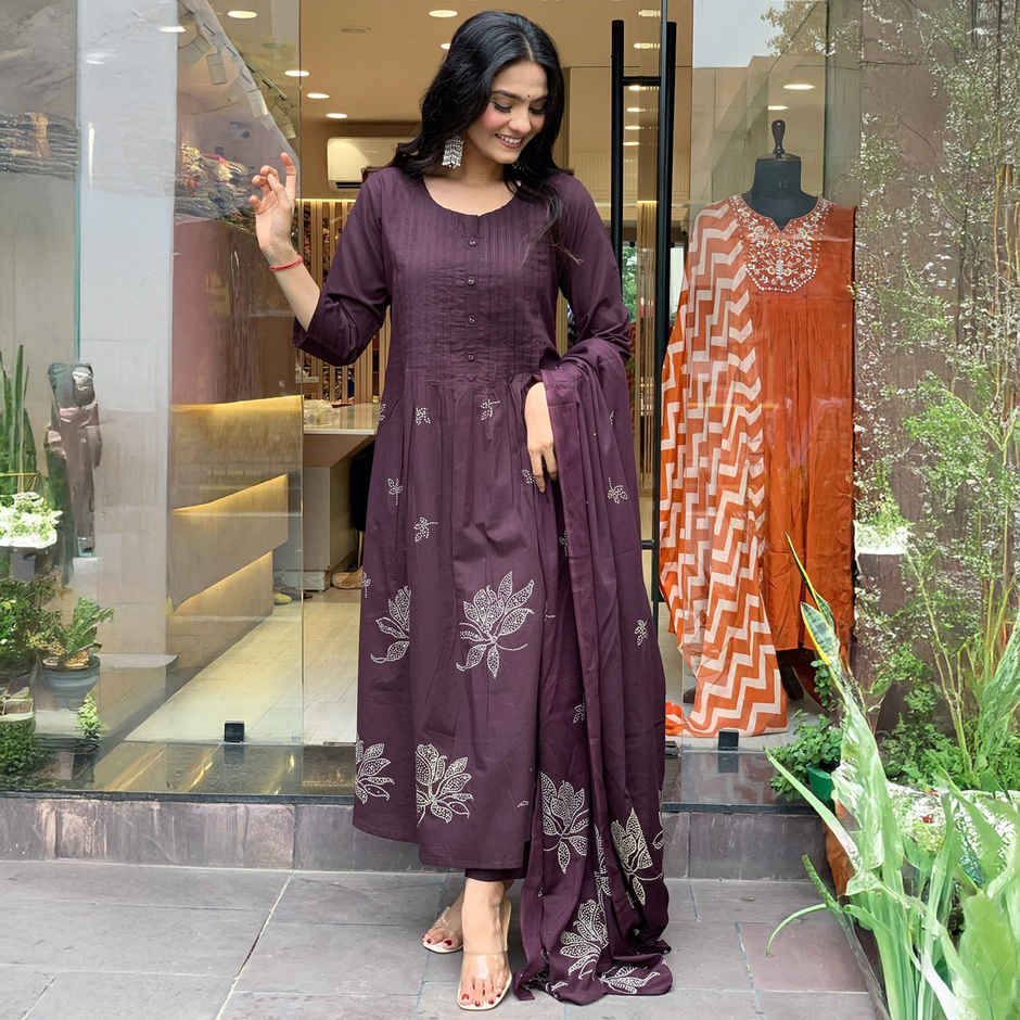 GoSriKi Women's Viscose Rayon Anarkali Printed Kurta with Pant & Dupatta | GANGORI | Wine - L