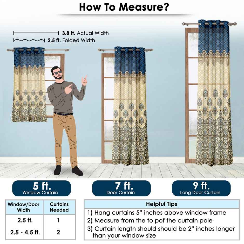 Story@Home 200 GSM Polyester Ethnic 2 Piece Door Curtain | Blue & Ivory