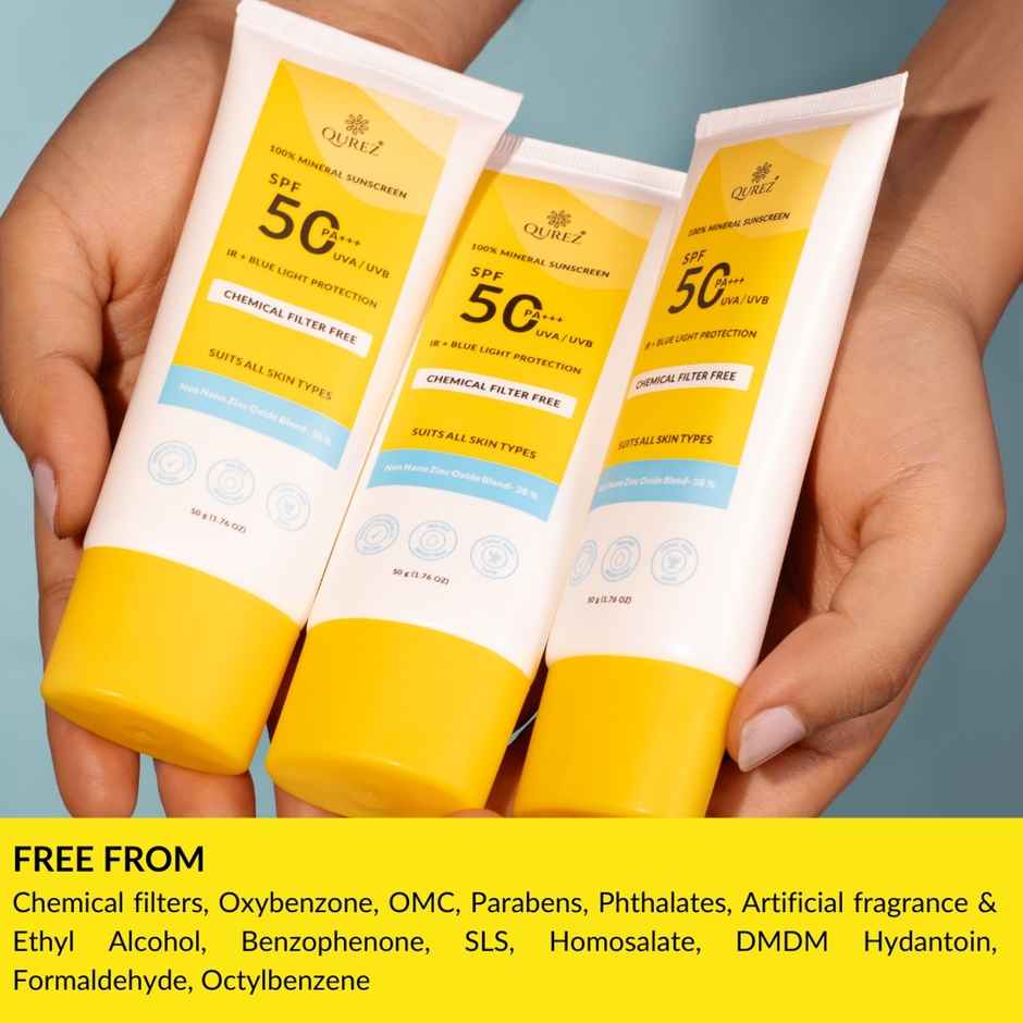 Qurez 100% Mineral Sunscreen SPF 50 PA+++ |Ir & Blue Light Protection Water Resistant