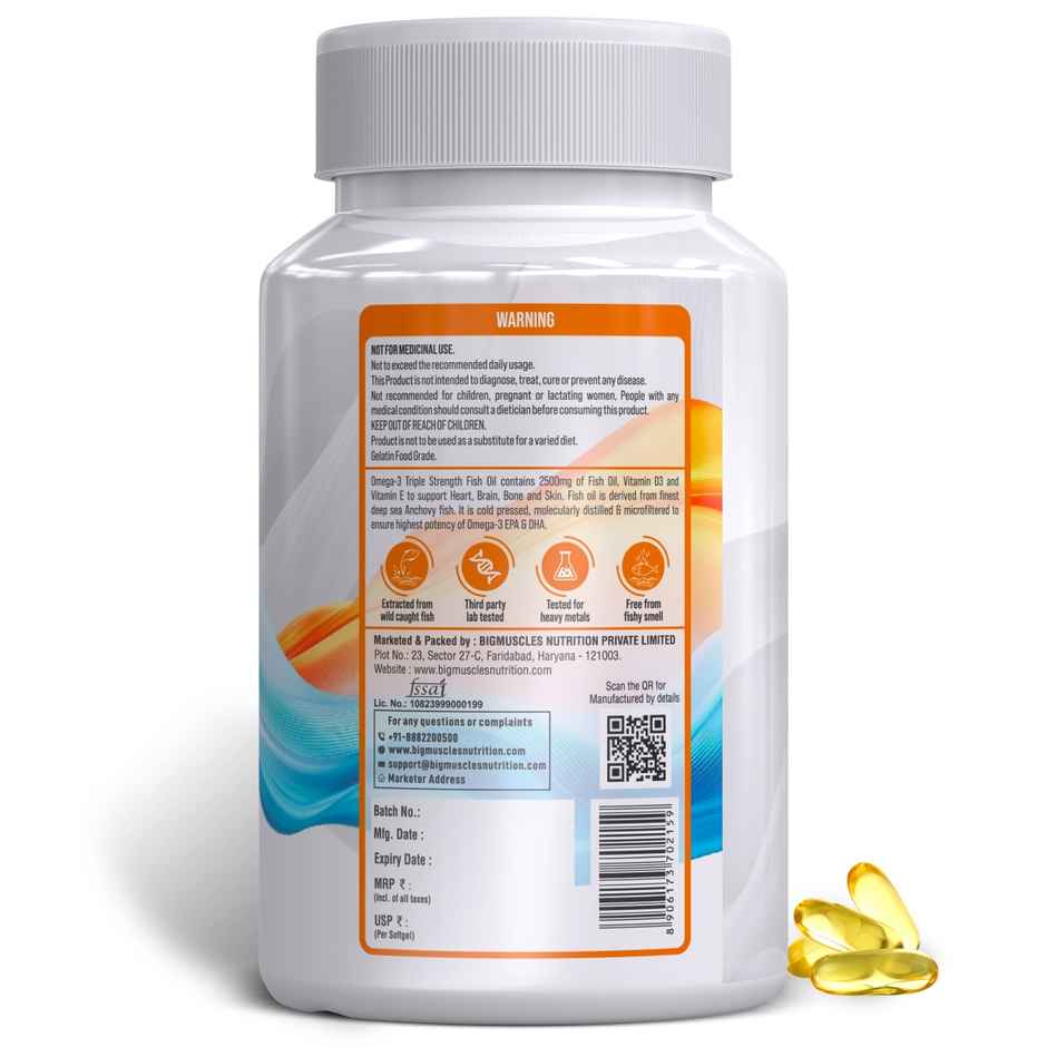 Big Muscles Nutrition Omega 3 Triple Strength Fish Oil | 60 Soft Gels | Premium Fish Oil