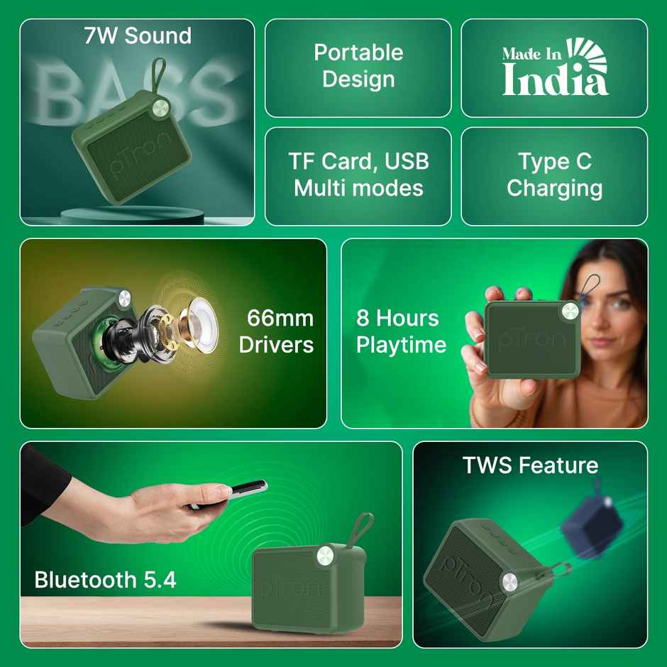 pTron Musicbot Pop V2 7W Mini Bluetooth Speaker with Pristine Sound & 8 Hours Playtime | Green