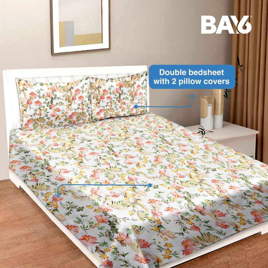BAY6 Double 110 GSM Floral Print Microfibre Bedsheet | With 2 Pillow Covers | Off White | 87 x 94in