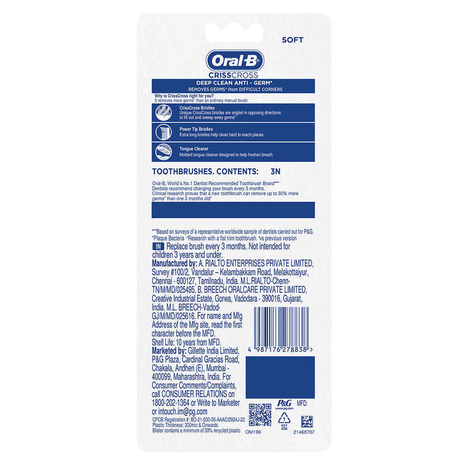 Oral-B Criss Cross Soft Toothbrush, Buy 2 Get 1 Free, Manual Toothbrush, For Adults