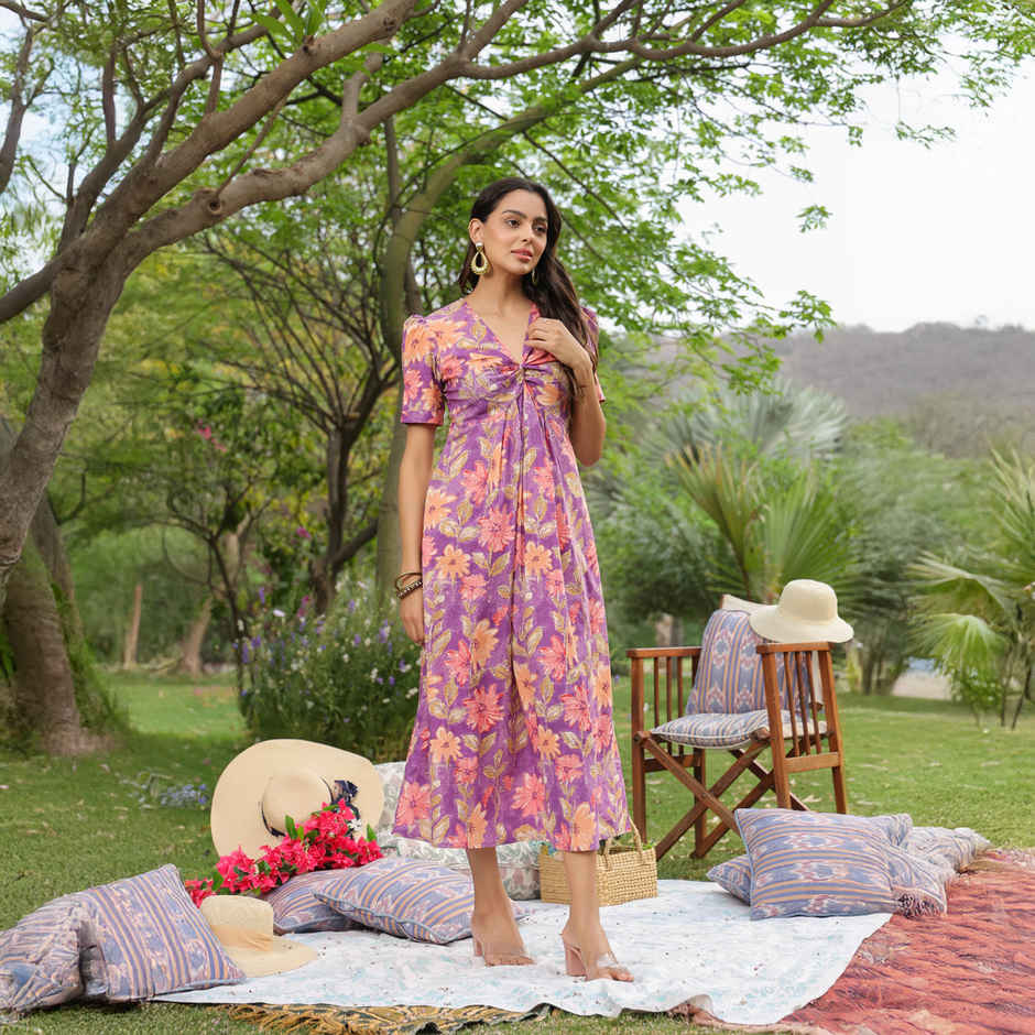 JISORA Women's Printed Cotton Purple Midi Dress | S - D2636