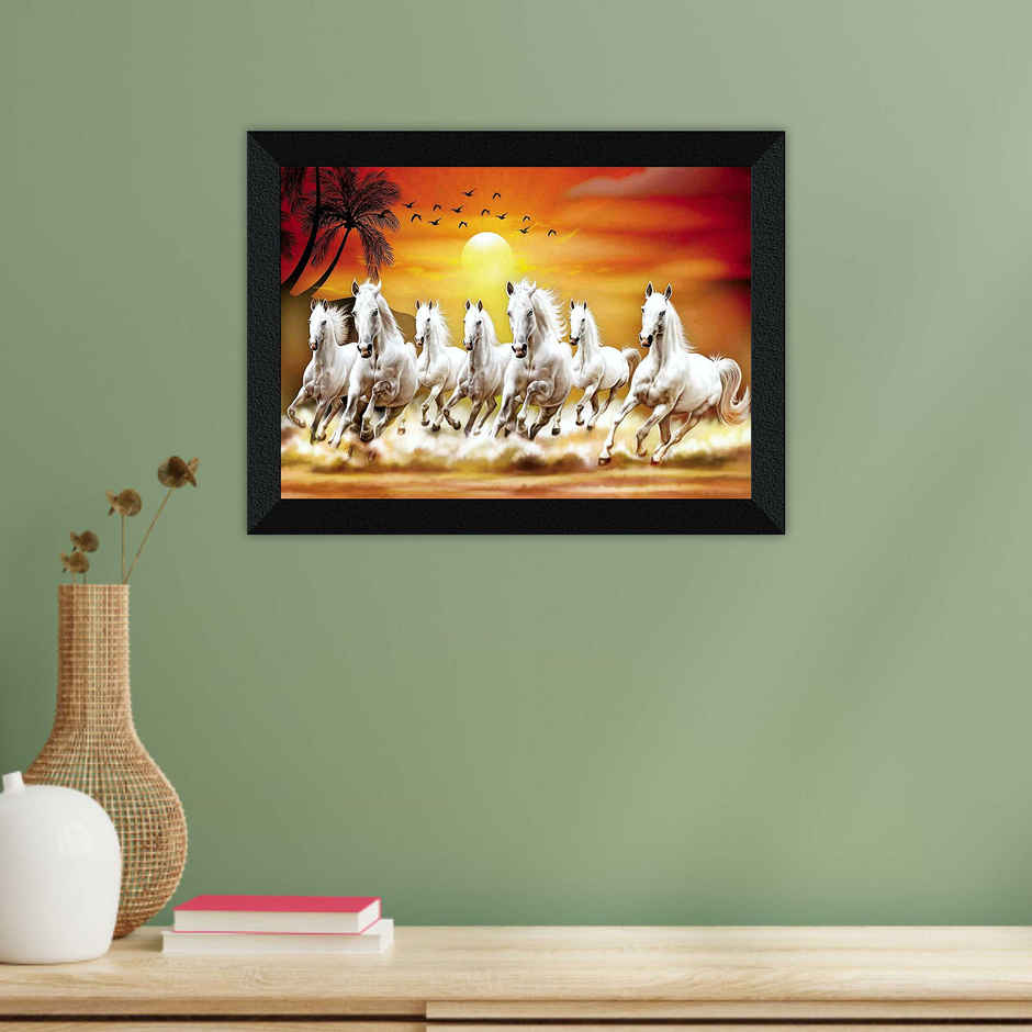Saf 7 Running Horses Vastu Uv Textured Digital Reprint 14 Inch X 11 Inch Painting (With Frame)