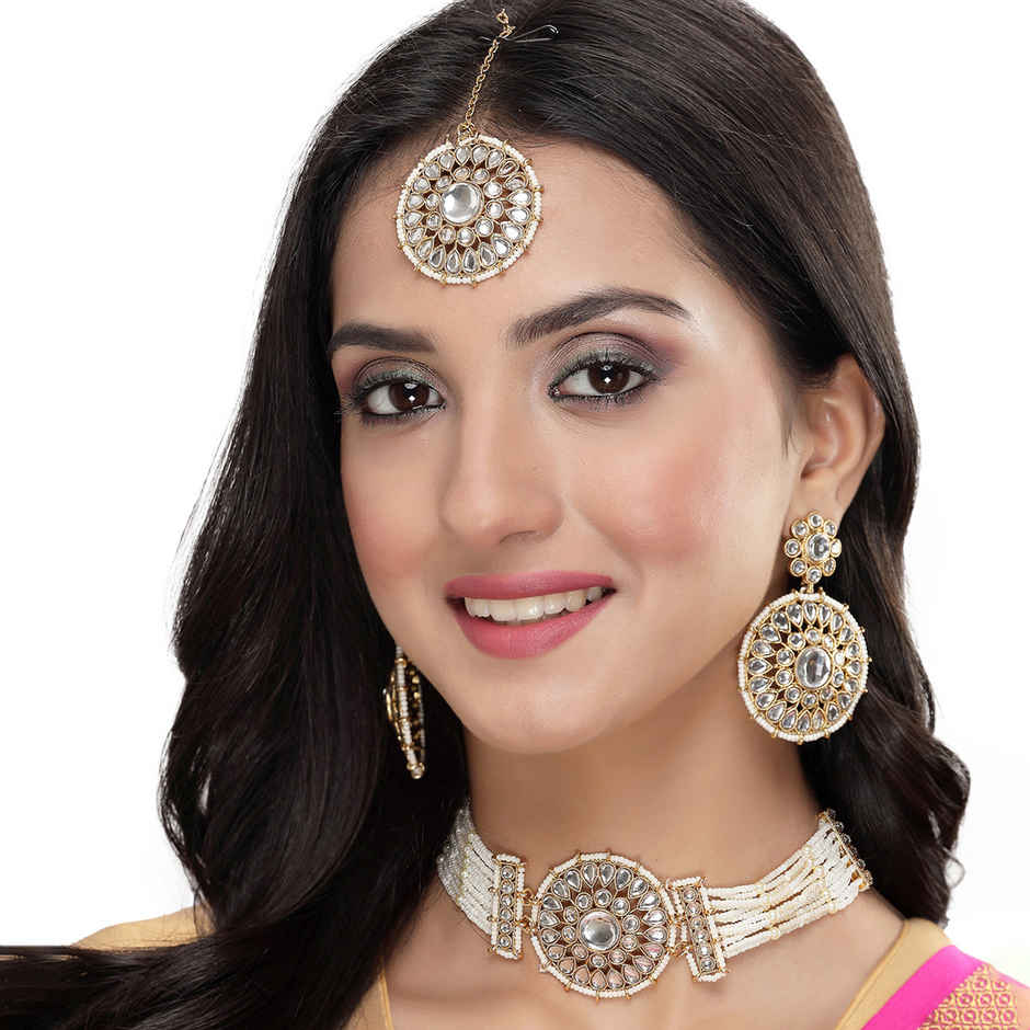 Sukkhi Desert-Inspired Gold Plated White Kundan & Beads Studded Collar Necklace Set