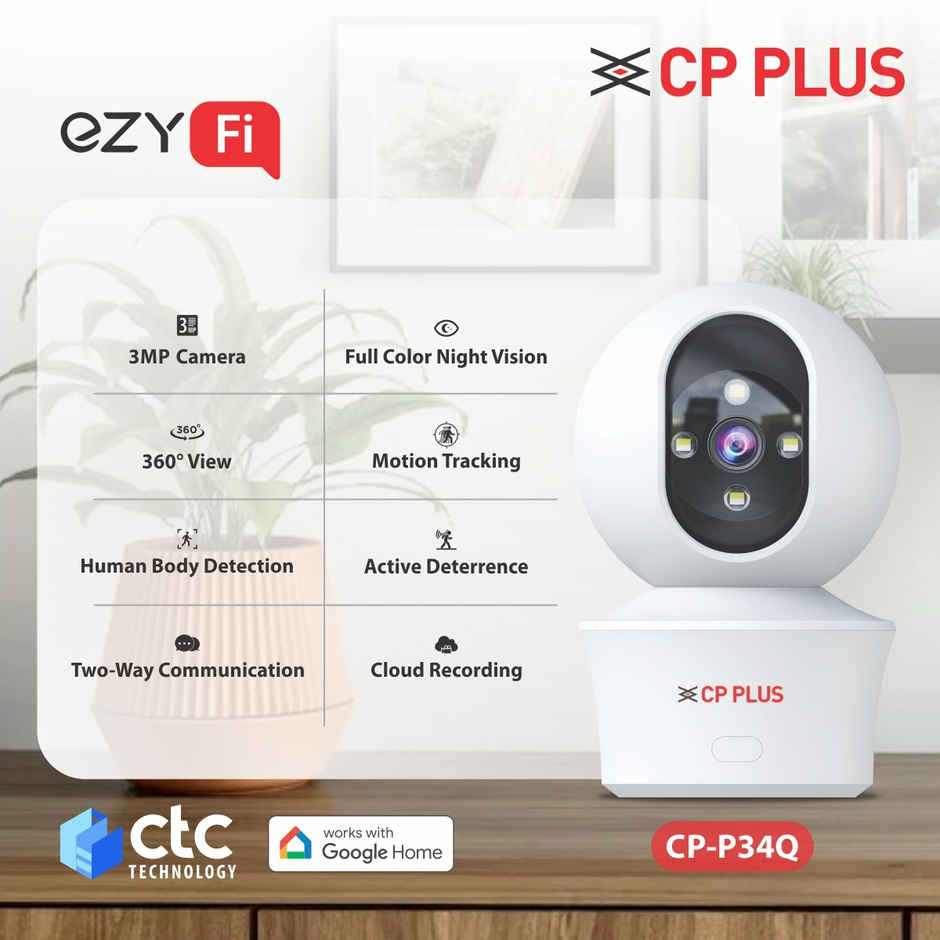 CP PLUS EZ-P34Q 3MP Wi-Fi PT Camera | 30M IR, Color Night Vision White LED & Google Home Support