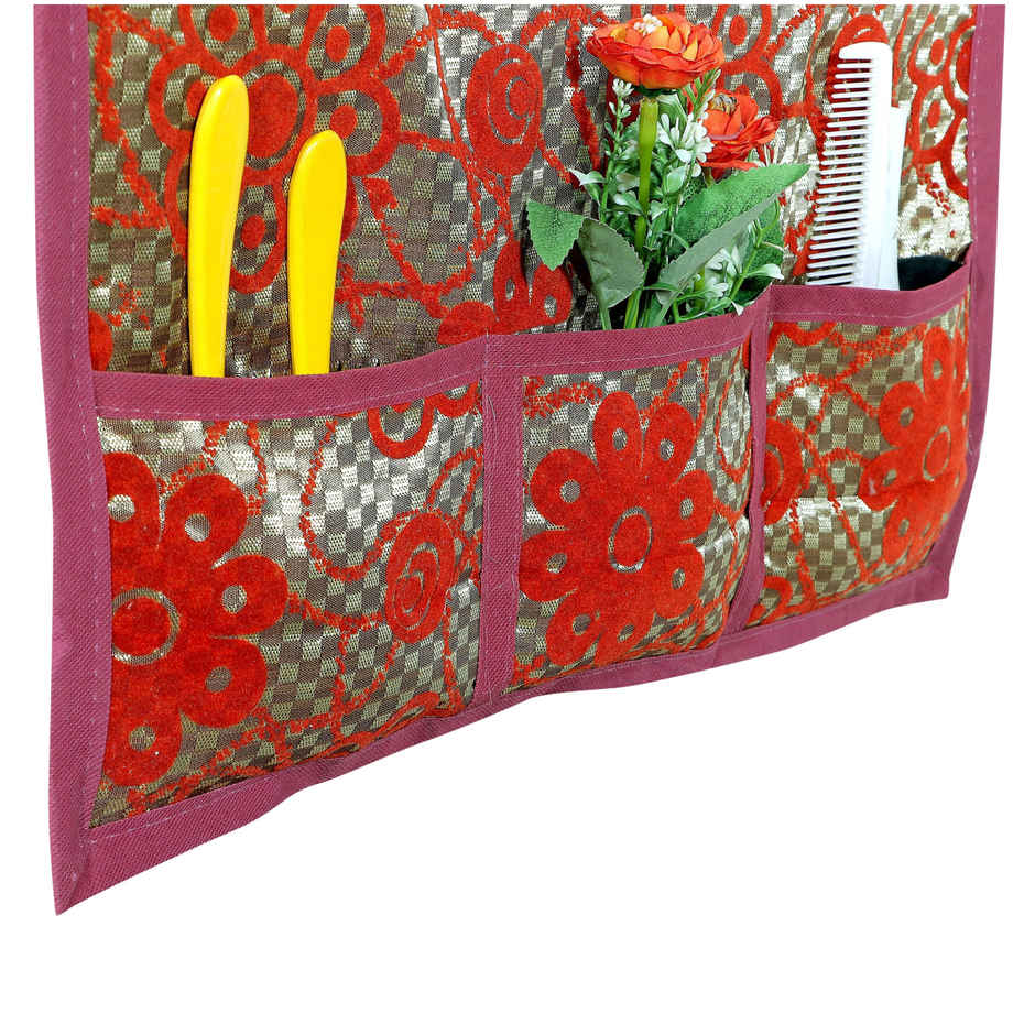 Homeharmony Red Floral Design Fridge Cover With Six Side Pockets
