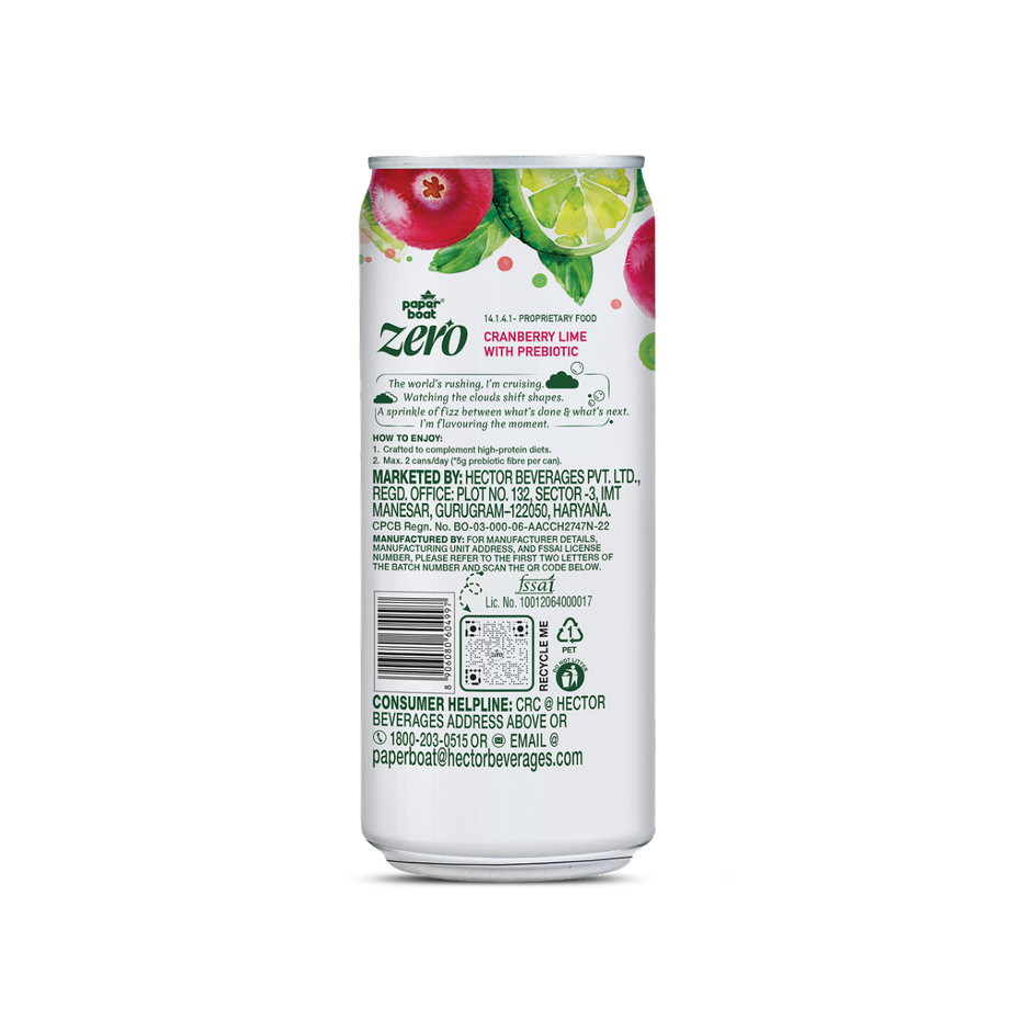 Paper Boat Zero Prebiotic Soda Cranberry Lime, 5g Fibre, Caffeinated Sugar Free Cold Drink
