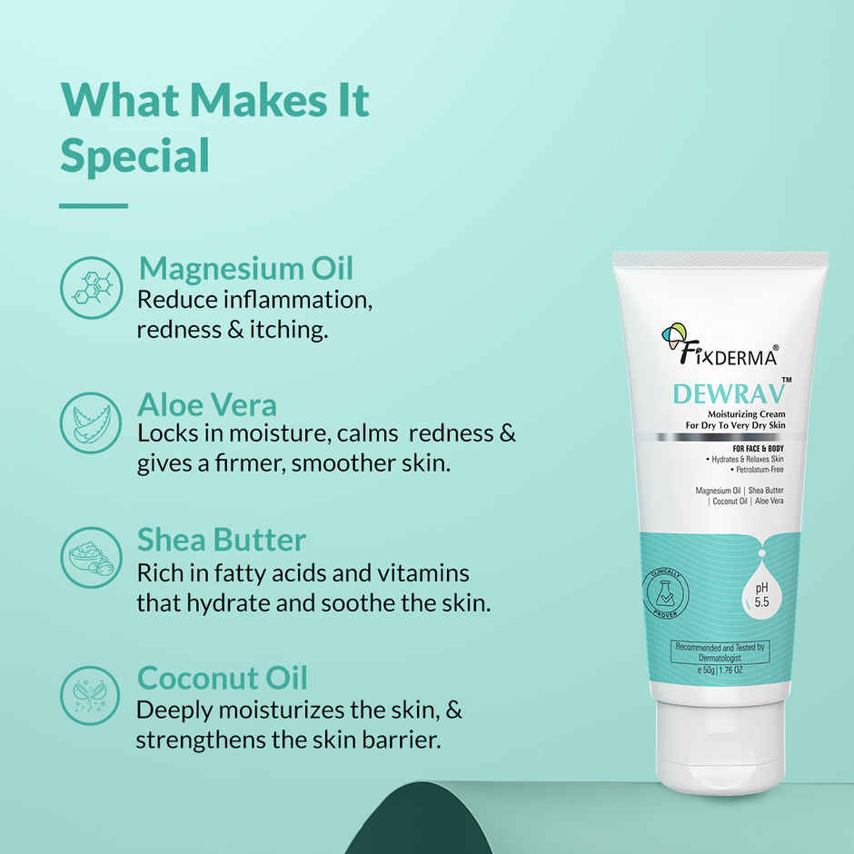 Fixderma Dewrav Moisturizing Cream with Shea Butter & Coconut oil, Deeply Hydrates Dry Skin