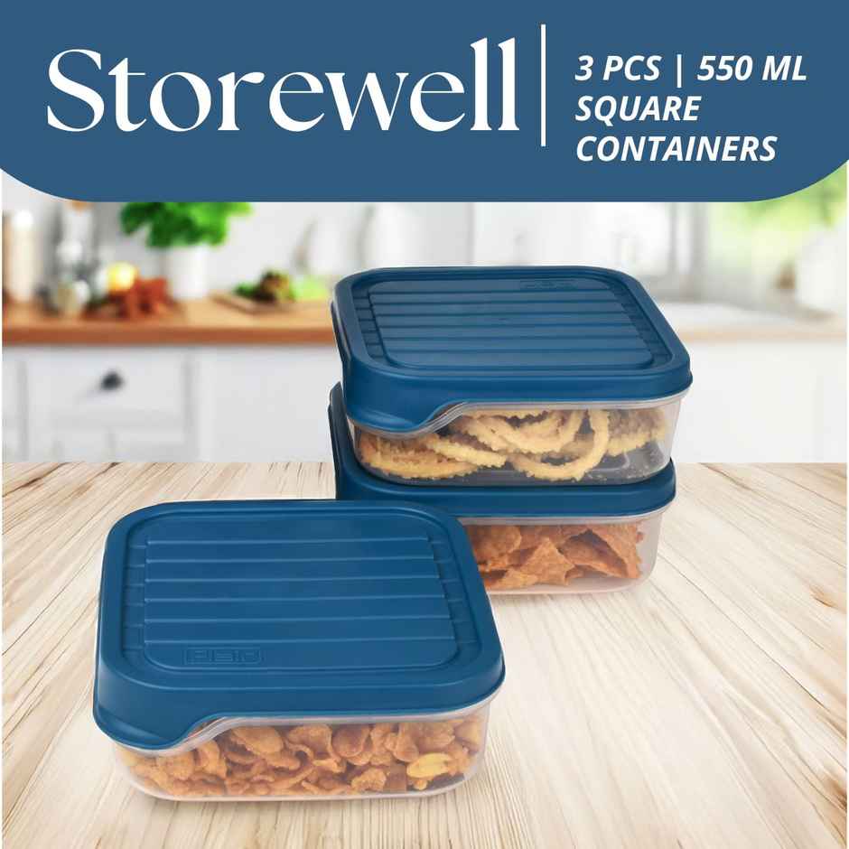 Flair Plastic Storewell Square Food Storage Containers 550Ml - Set Of 3, (Blue), Food Grade