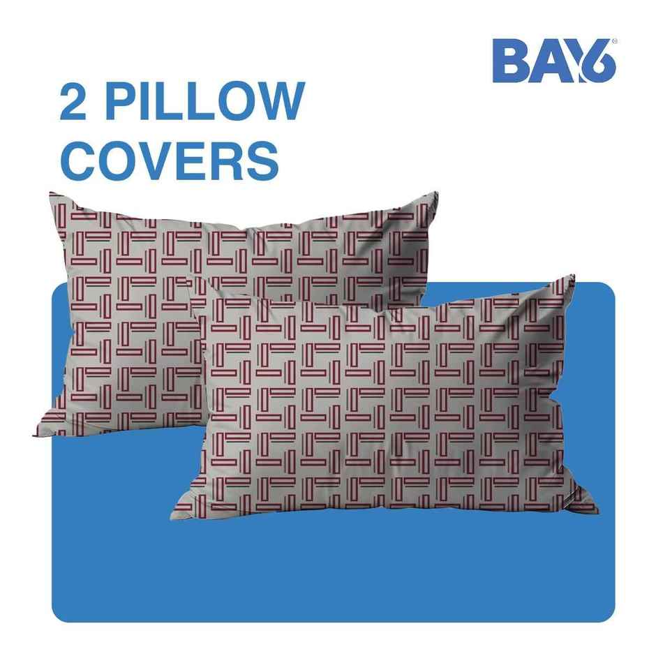 BAY6 Microfibre Geometric Double Bedsheet - Grey/Maroon | 215 x 230 cm + Two Pillow Covers