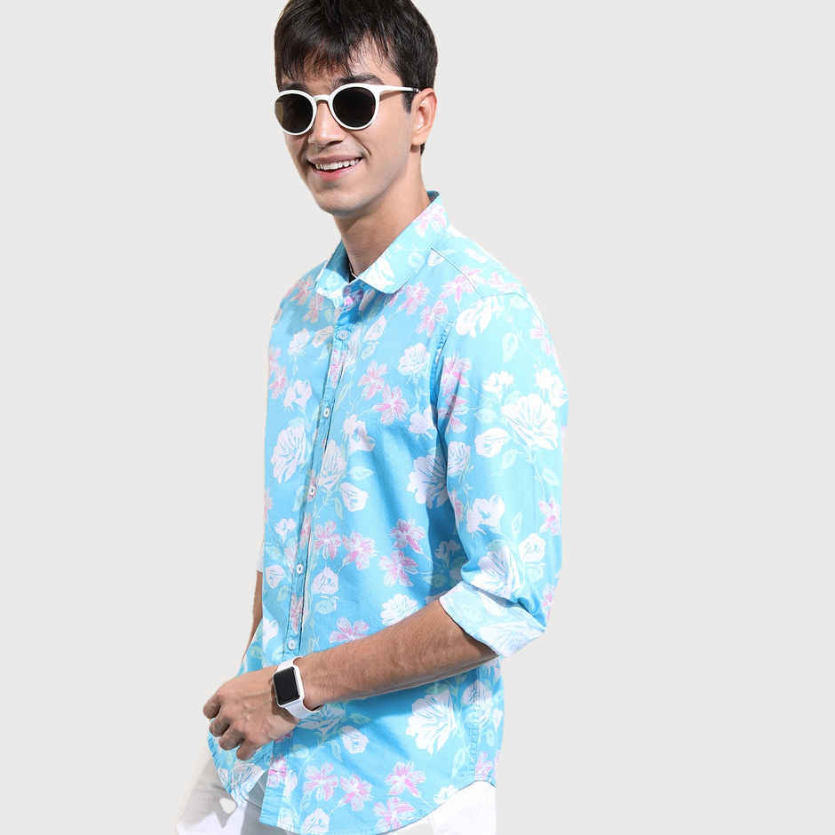 Ketch Men Floral Printed Spread Collar Cotton Slim Fit Casual Shirt | Blue | S