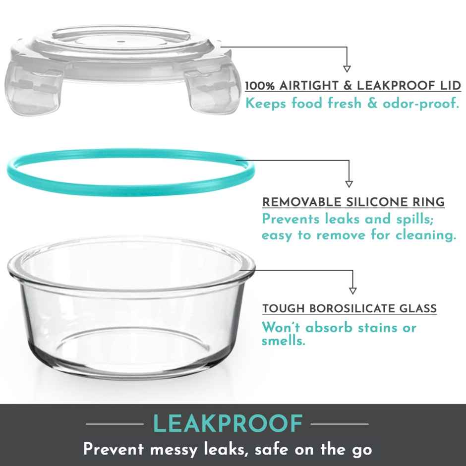 Magnus Vivid Solid Glass Lunch Box - Round Microwave Safe Borosilicate Container | 400 ml x 3 & Bag
